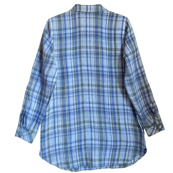 J Jill Love Linen Tunic Shirt S Blue Plaid Roll-Tab Sleeve Coastal Cottagecore - Picture 2 of 11